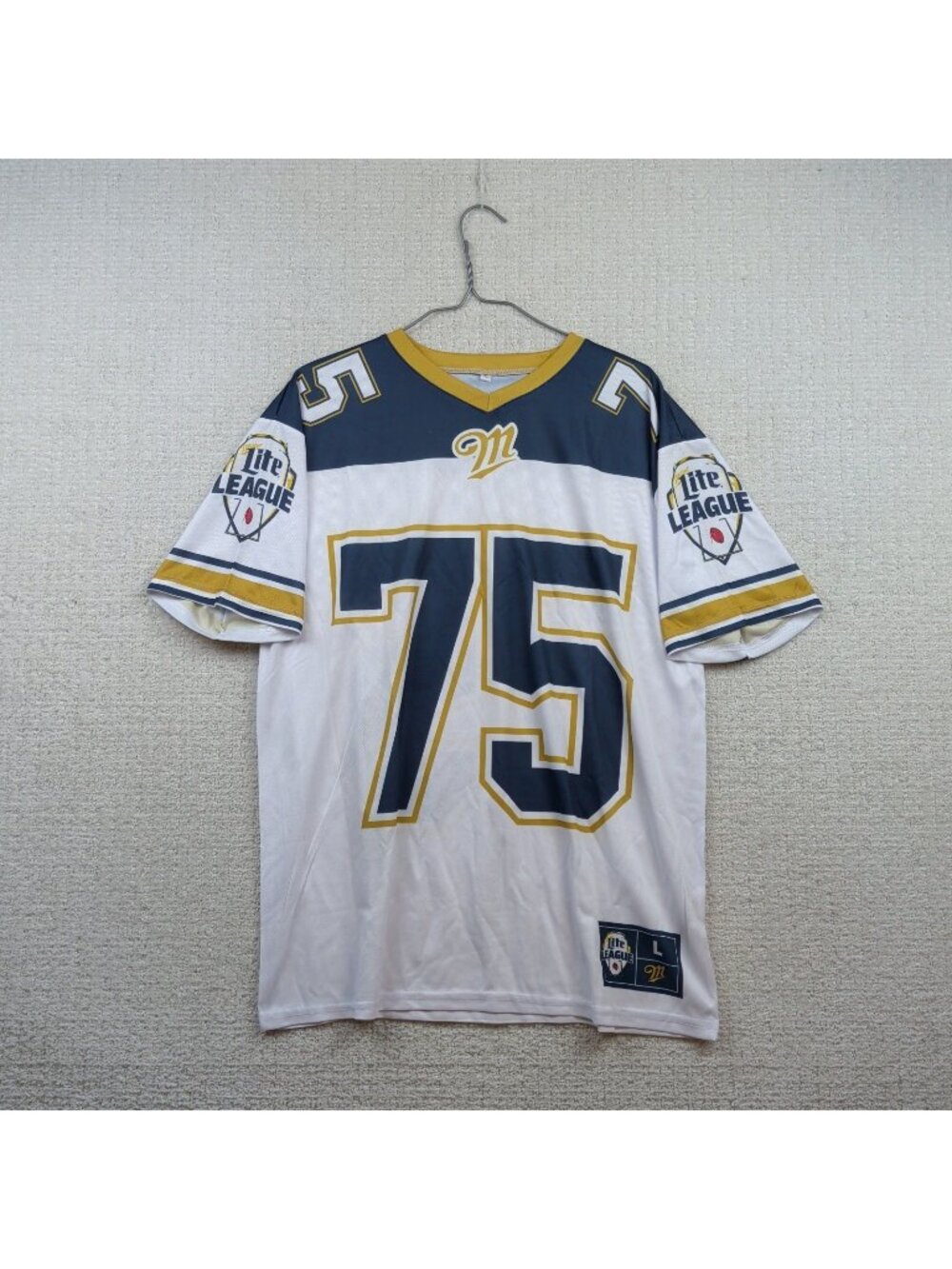 Miller Lite League No. 75 Football Jersey Shirt Tee Beer White / Blue Men Sz L